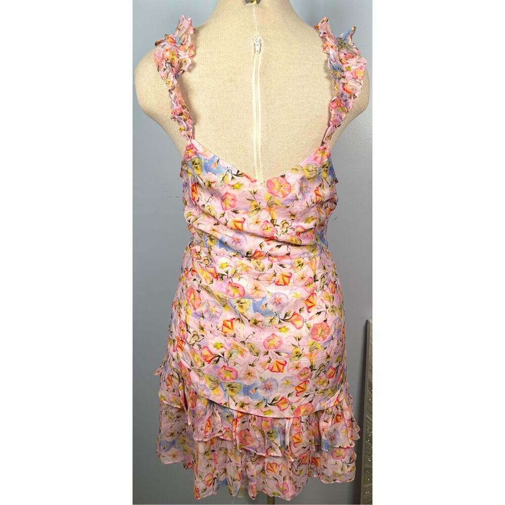 LOVESHACKFANCY Desra Ruched Floral Pastel Confetti Ruffle Mini Dress Sz 8 - Picture 5 of 10